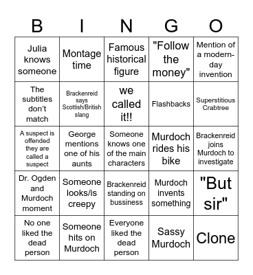 Murdoch Mysteries Bingo Card