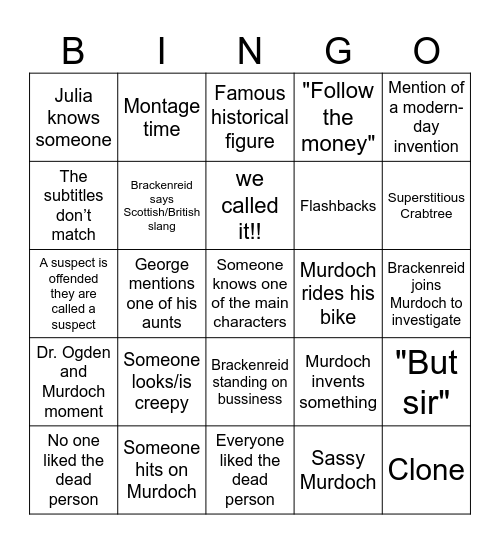 Murdoch Mysteries Bingo Card
