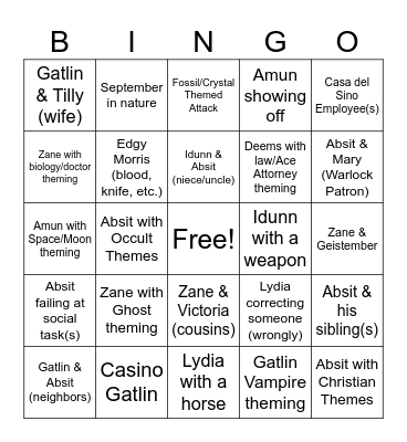 Character Bingo Card