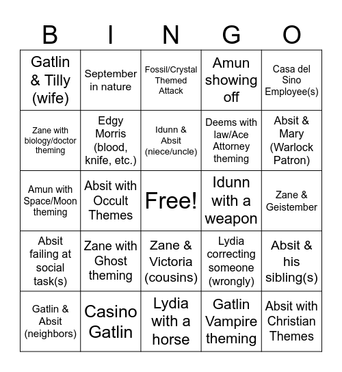 Character Bingo Card