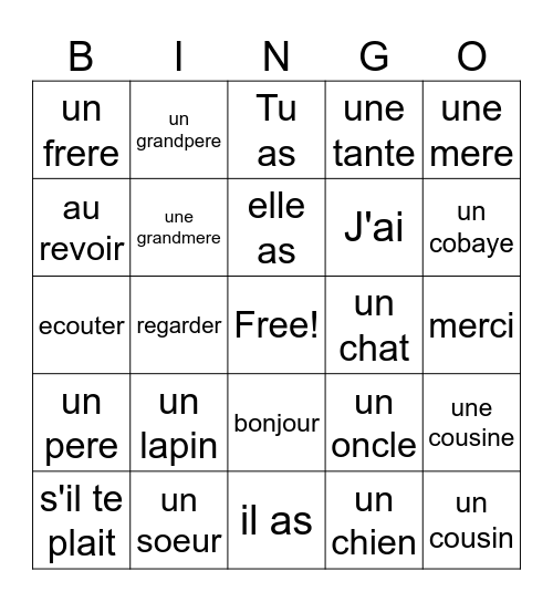 French BINGO Card