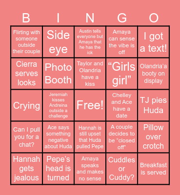 Love Island Ep 18 Bingo Card