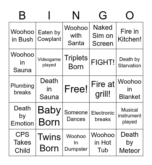 Sims 4 Unpaused Bingo Card