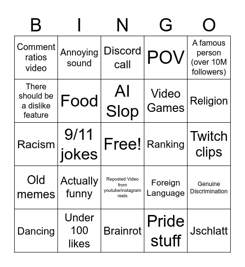 Tiktok bingo Card