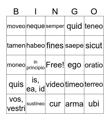 Latin Verbs Bingo Card