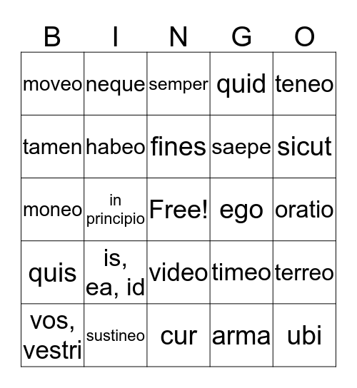 Latin Verbs Bingo Card