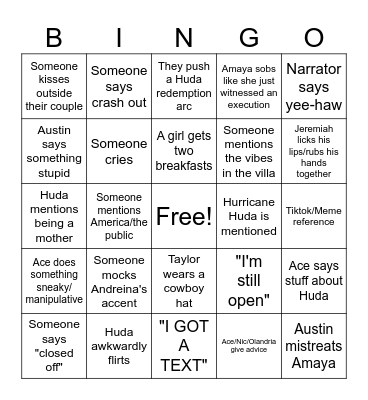 Love Island Bingo Card