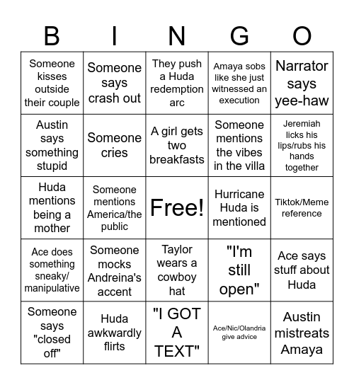 Love Island Bingo Card