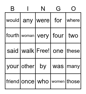 Grade 1 Heart Words Bingo Card