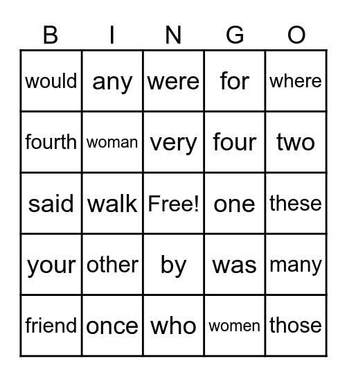 Grade 1 Heart Words Bingo Card
