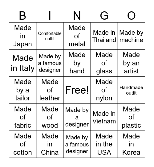 From Where? Made How? Bingo Card