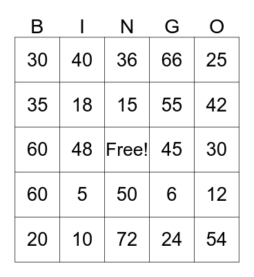 5 & 6 Multiplication Tables Bingo Card