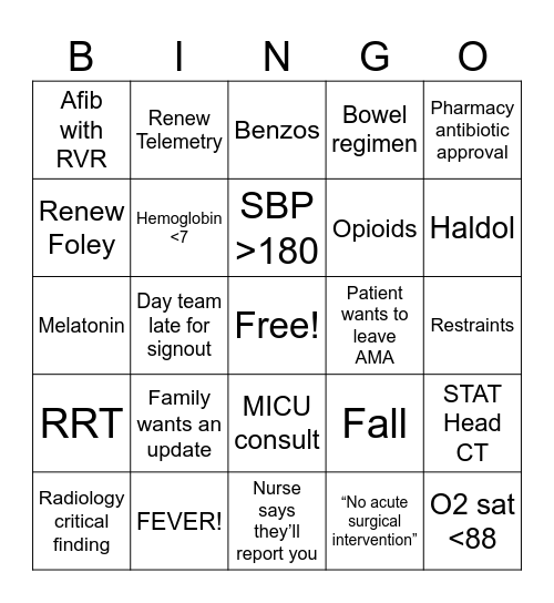 Nights Bingo Card