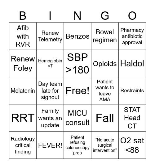 Nights Bingo Card