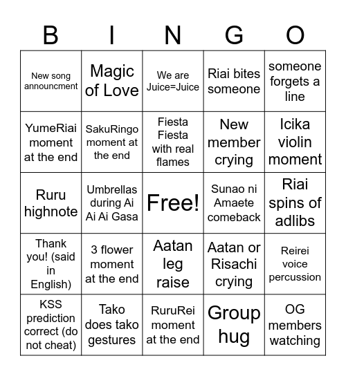 Juice=Juice Budokan Bingo Card