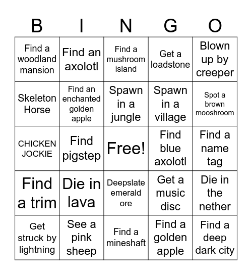 Minecraft Bingo Card