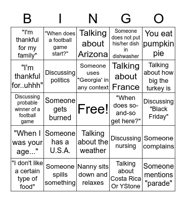 Thanksgiving 2016 Bingo Card