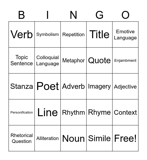 Poetry Bingo Card