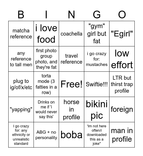 Male experience Hinge bingo Card
