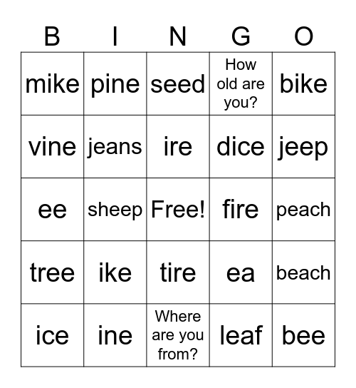 Phonics Bingo Card