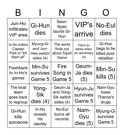 Squid Game Season 3 Bingo Card