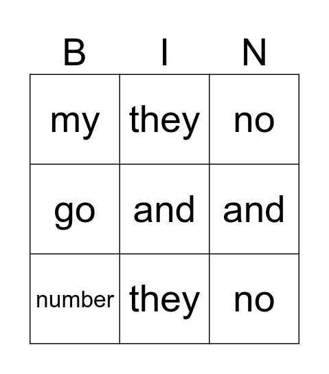 sight words Bingo Card