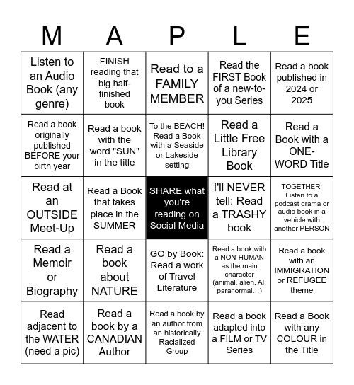 Summer Reading BINGO - Virtual Canadian SBC Bingo Card