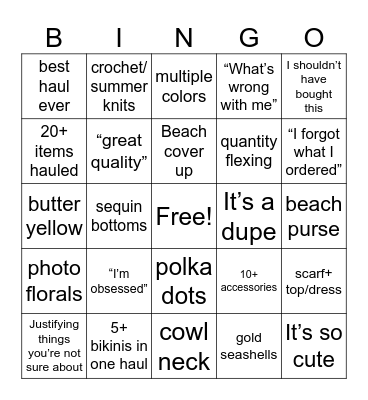 Shein summer haul Bingo Card