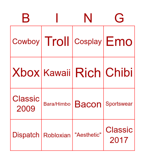 Roblox Styles Bingo Card
