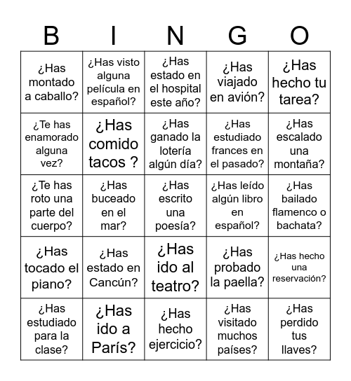 Presente perfecto/imperfecto/pretérito Bingo Card