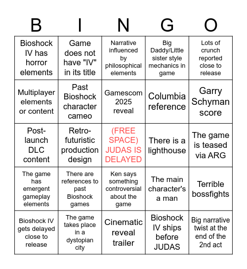 Bioshock IV Bingo Card