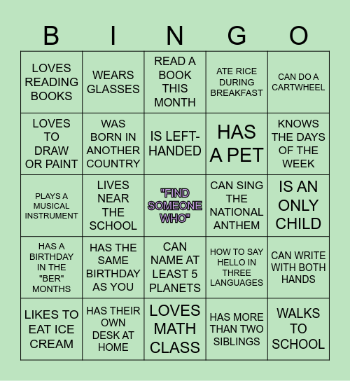 Getting to know each other Bingo Card