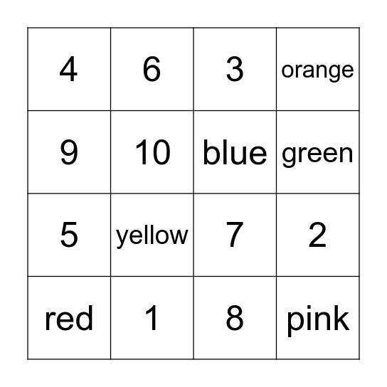 Colours and numbers - BINGO Card