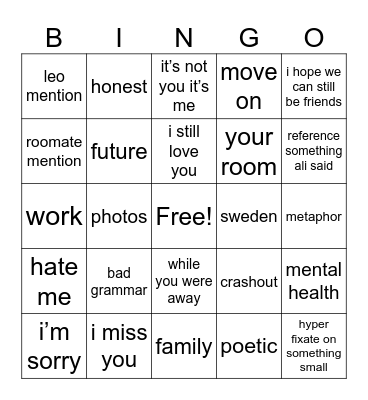 text message Bingo Card
