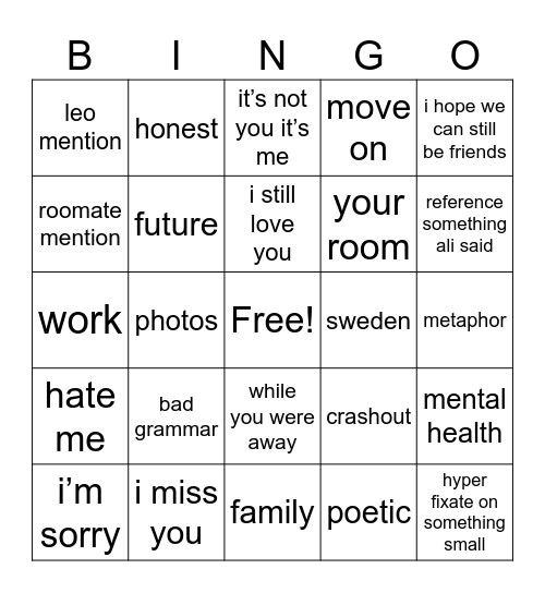 text message Bingo Card