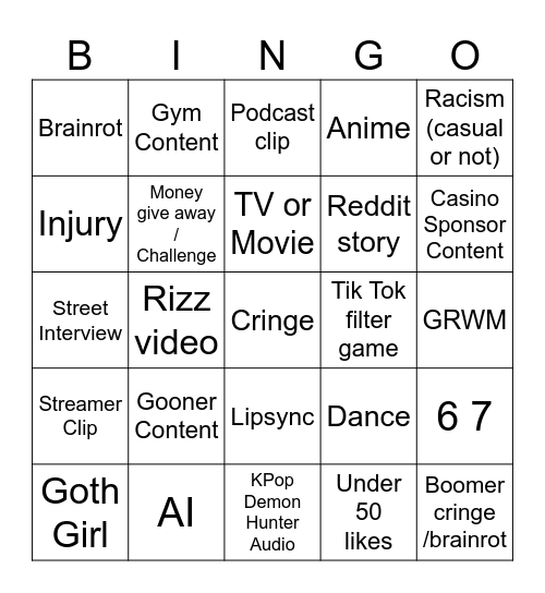 TikTok/Instagram/YouTube Bingo Card