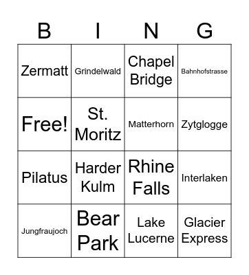 Tourism Bingo Card