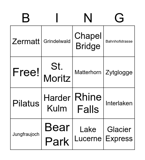 Tourism Bingo Card