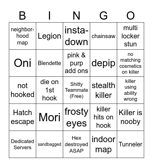 Dead by Daylight Bingo Card