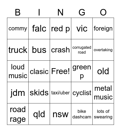 dashcams Bingo Card