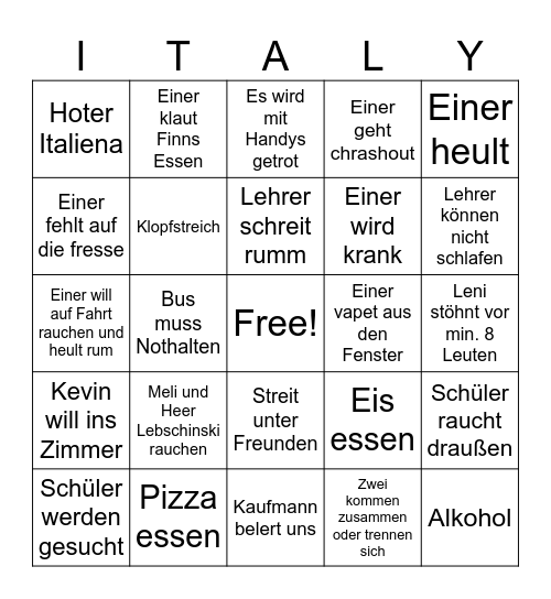Klassenfahrts Bingo Card