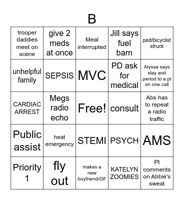 B shift Bingo Card