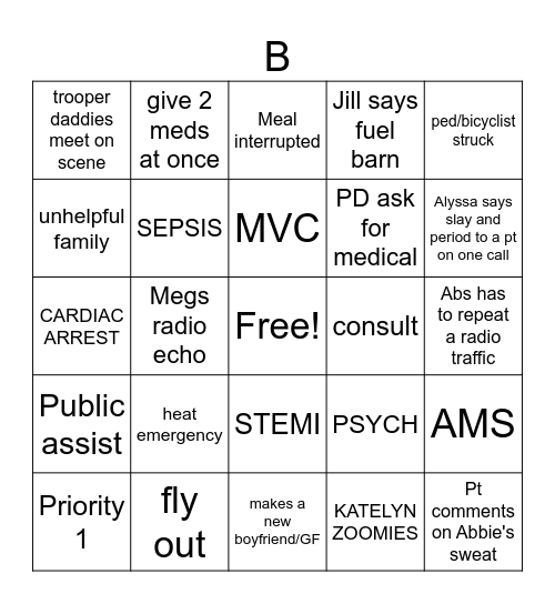 B shift Bingo Card