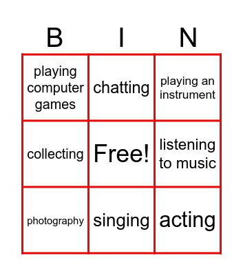 Free time activities Bingo Card