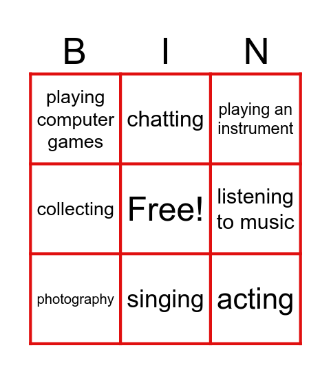 Free time activities Bingo Card