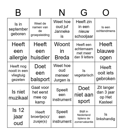 Kennismaking groep 2e/2f Bingo Card