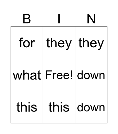 Riley's Sight Words Bingo Card