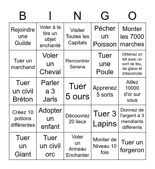 Skyrim Bingo FR Bingo Card