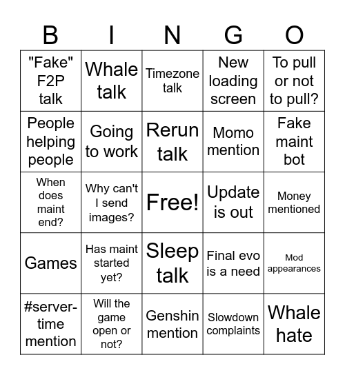 Infinity nikki maintenance Bingo Card