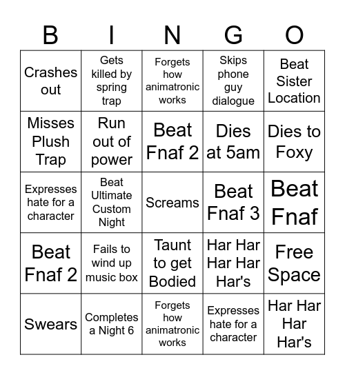 Wolf's FNAF Bingo Card